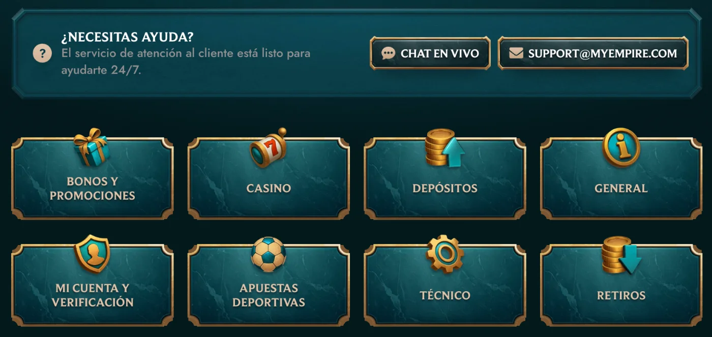 Centro de ayuda y soporte técnico al cliente en MyEmpire Casino